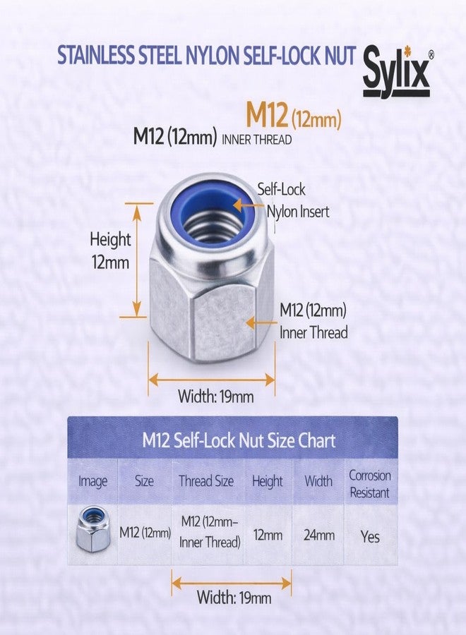 SYLIX صواميل قفل ذاتي من النايلون والفولاذ المقاوم للصدأ من نوع SYLIX M12 (عبوة من 25 قطعة) - Image 3